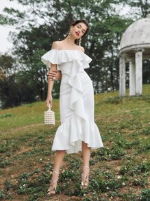 SHEIN X Dr.kholoud Ruffle Off Shoulder Draped Detail Mermaid Hem Dress - White - View 3