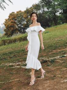 SHEIN X Dr.kholoud Ruffle Off Shoulder Draped Detail Mermaid Hem Dress - White - View 4