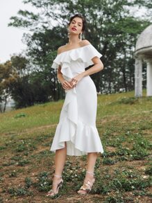SHEIN X Dr.kholoud Ruffle Off Shoulder Draped Detail Mermaid Hem Dress - White - View 5