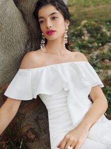 SHEIN X Dr.kholoud Ruffle Off Shoulder Draped Detail Mermaid Hem Dress - White - View 6