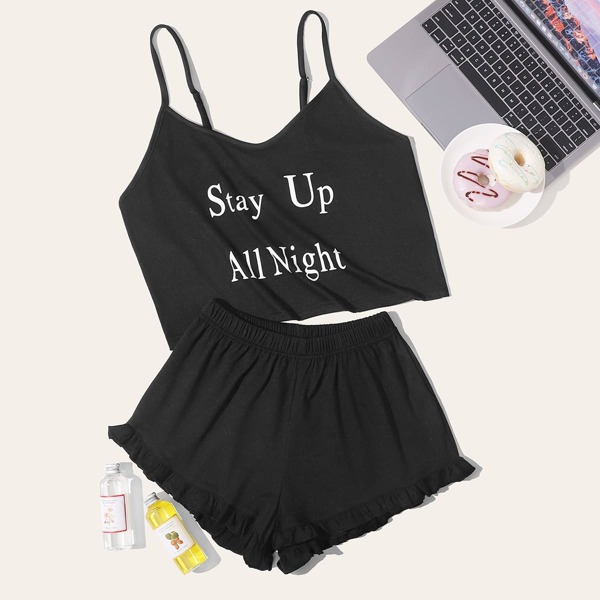 

Slogan Graphic Ruffle Hem Cami Pajama Set, Black