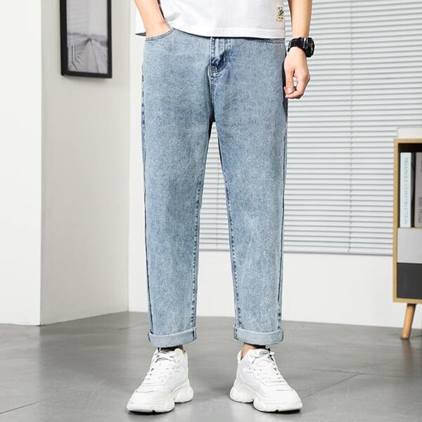 

Men Solid Pocket Detail Washed Jeans, Light wash