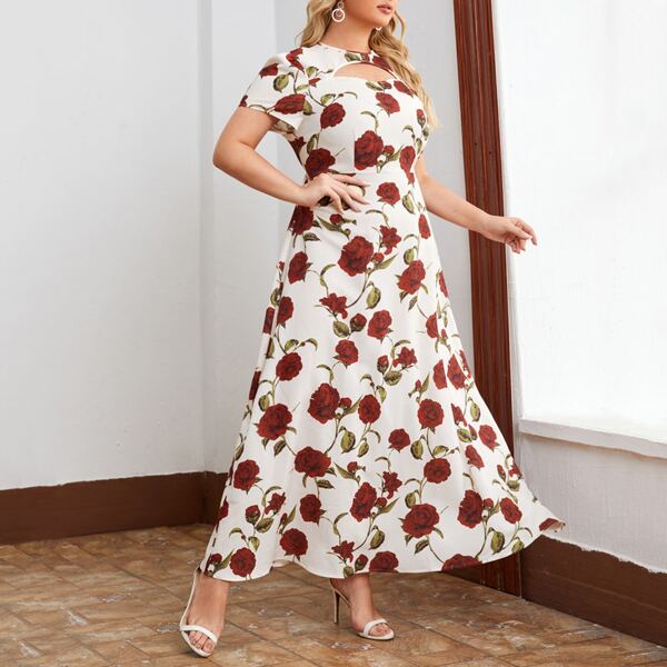 

Plus Keyhole Neck Zip Back Floral Print Dress, Multicolor