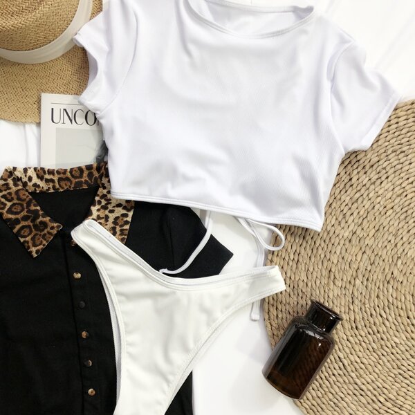

Short Sleeve High Neck High Cut Bikini Swimsuit, White