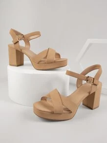Cross Band Buckled Ankle Block Heel Sandals - Apricot - View 2