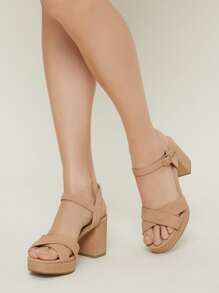 Cross Band Buckled Ankle Block Heel Sandals - Apricot - View 3
