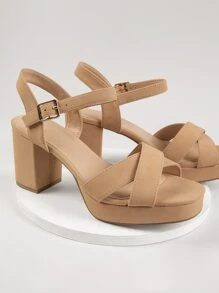 Cross Band Buckled Ankle Block Heel Sandals - Apricot - View 4