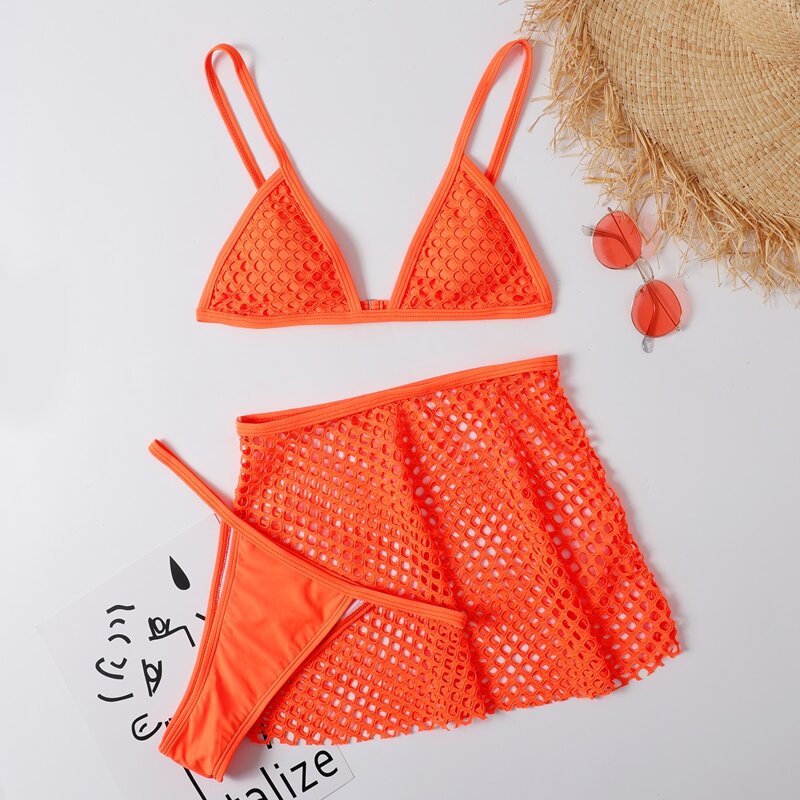 

3pack Triangle Thong Bikini Swimsuit & Cover Up, Orange