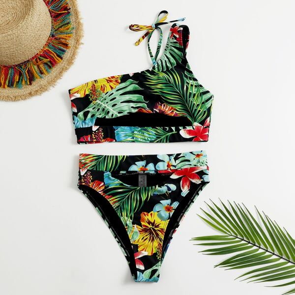 

Floral & Tropical Cut-out Bikini Swimsuit, Multicolor