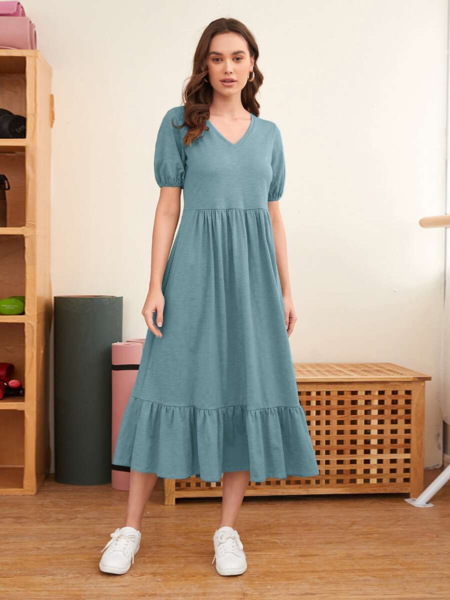 SHEIN 泡泡袖寬鬆式喇叭形下擺連衣裙 - 青碧色 - 查看 1
