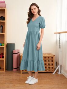 SHEIN 泡泡袖寬鬆式喇叭形下擺連衣裙 - 青碧色 - 查看 5