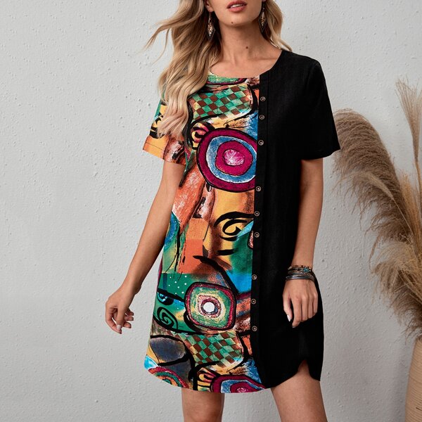 

Abstract Print Spliced Tunic Dress, Multicolor