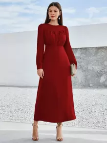 Modelyn Puff Sleeve Ruched Solid A-line Dress