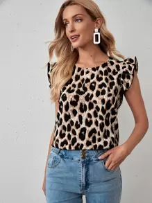 SHEIN Clasi 荷葉邊豹紋上衣 - 杏色 - 查看 1