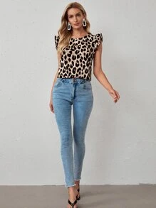 SHEIN Clasi 荷葉邊豹紋上衣 - 杏色 - 查看 3