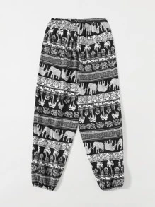 1入組大象和熱帶圖案錐形褲 - 黑與白 - 查看 2