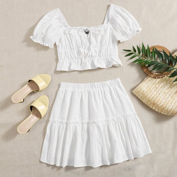 

Puff Sleeve Ruched Detail Ruffle Hem Top & Skirt Set, White
