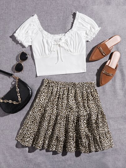 SHEIN Frill Trim Bustier Crop Top & Leopard Skirt Set