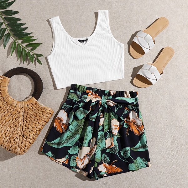 

Rib-knit Crop Tank Top & Paperbag Waist Belted Tropical Print Shorts Set, Multicolor