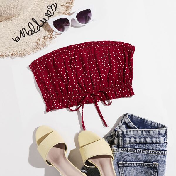 

Polka Dot Frill Trim Crop Tube Top, Burgundy