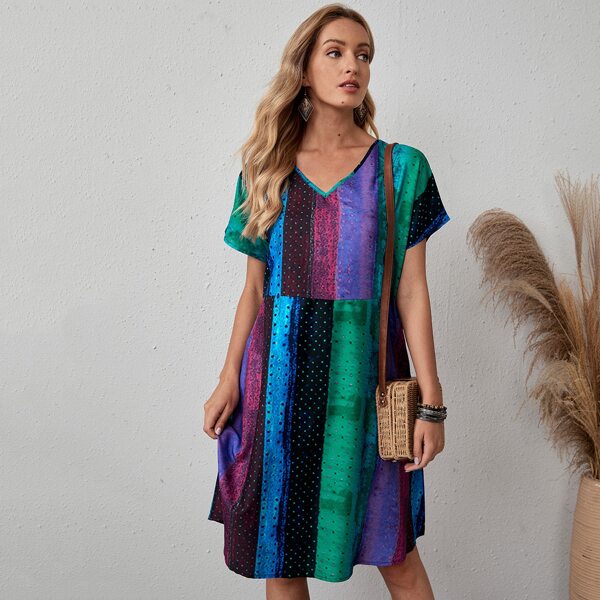 

Color-block And Polka Dot V-neck Dress, Multicolor