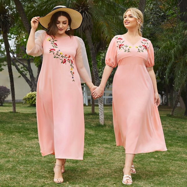 

Plus 1 PC Mesh Puff Sleeve Floral Embroidery Dress, Baby pink