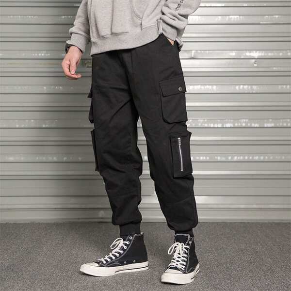 

Side Flap Pocket Zip Detail Cargo Pants, Black