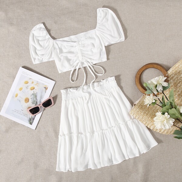 

Drawstring Knot Ruched Front Top & Frill Trim Skirt Set, White