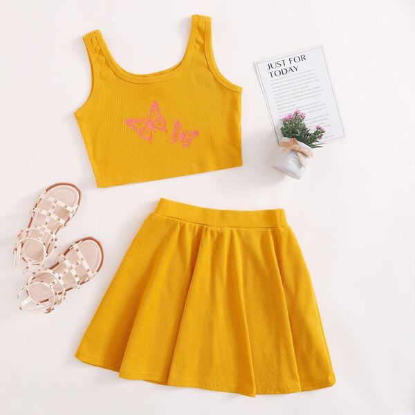

Girls Butterfly Print Tank Top & Skirt Set, Mustard yellow