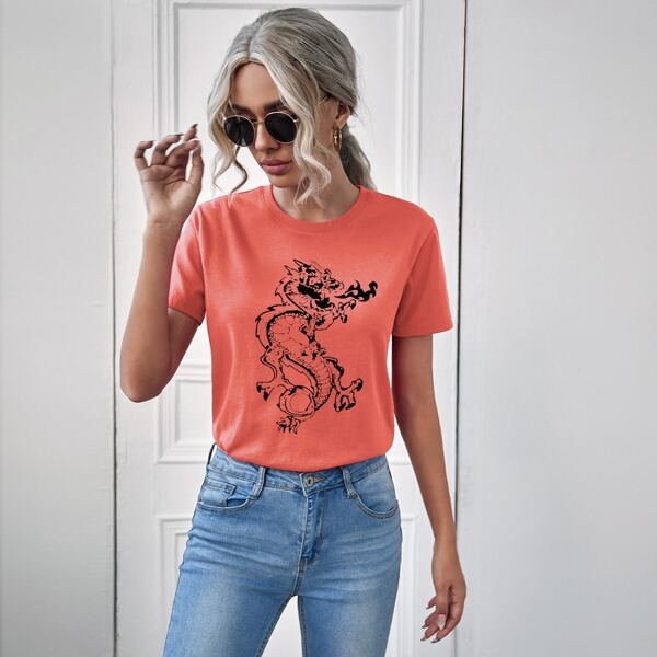 

Chinese Dragon Print Tee, Coral orange