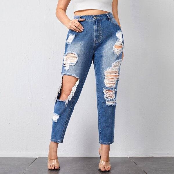 

Plus High Waist Ripped Mom Cropped Jeans, Medium wash