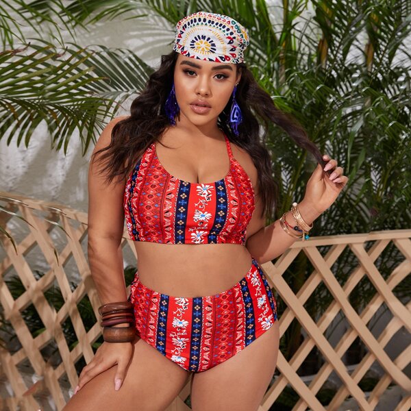 

Plus Floral High Waisted Bikini Swimsuit, Red