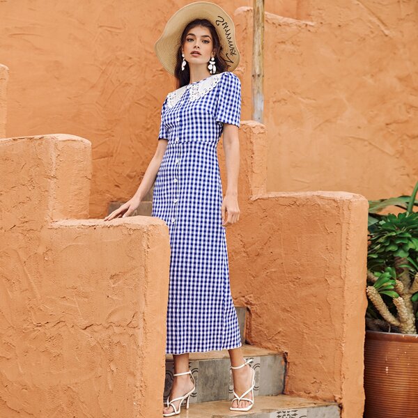 

Statement Collar Gingham Button Front Fitted Dress, Blue
