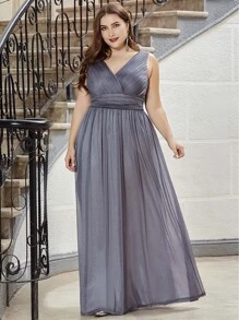 Plus Double V Neck Zip Back Glitter Prom Dress - Grey - View 1
