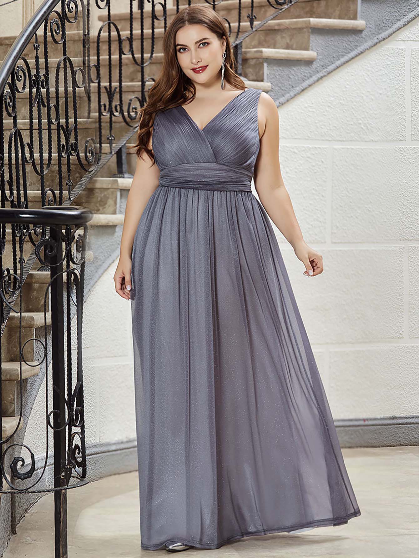 Plus Double V Neck Zip Back Glitter Prom Dress - Grey - View 1