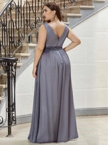 Plus Double V Neck Zip Back Glitter Prom Dress - Grey - View 2