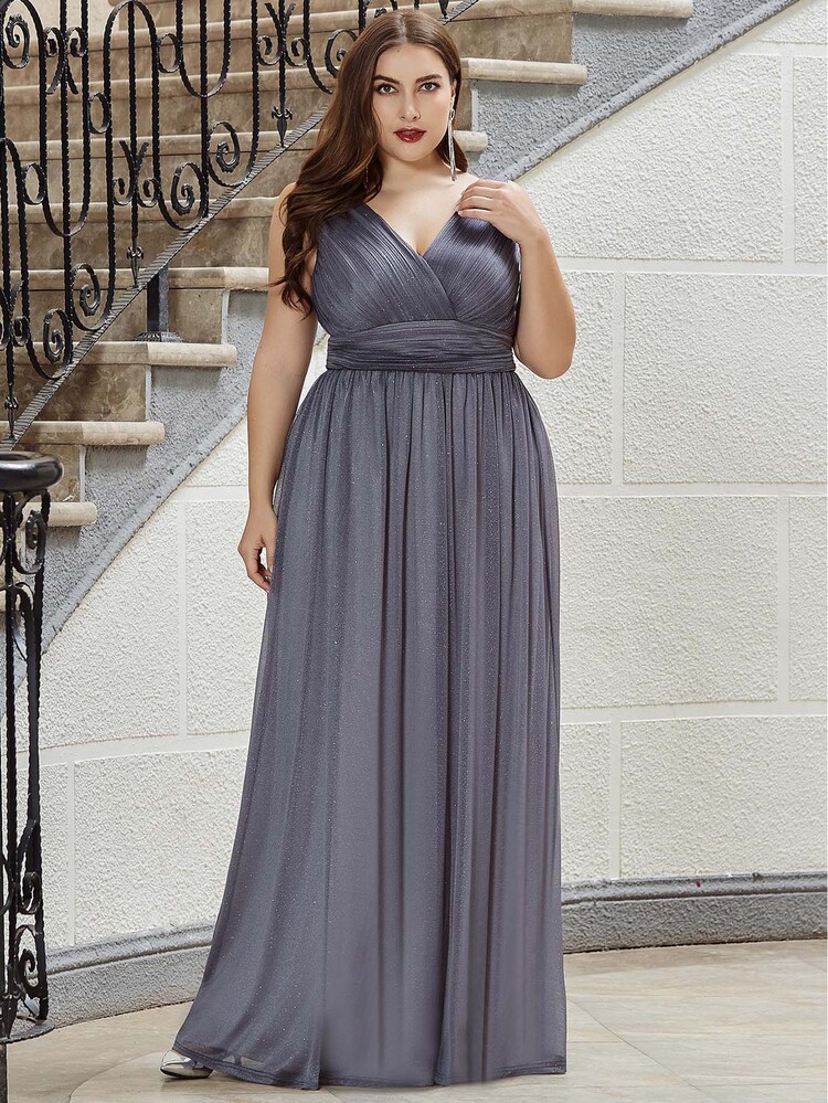 Plus Double V Neck Zip Back Glitter Prom Dress - Grey - View 5