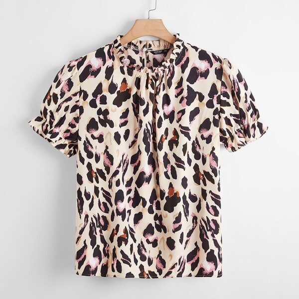 

Plus Frill Trim Allover Print Blouse, Multicolor