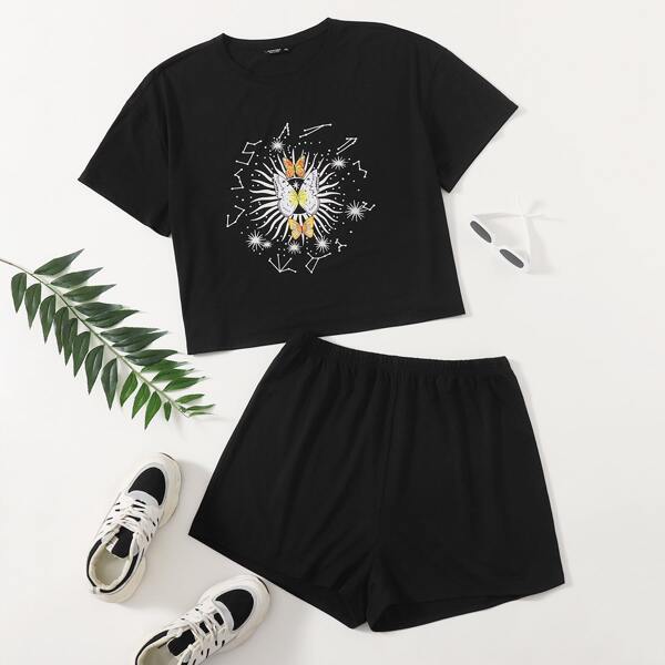 

Plus Butterfly Print Tee With Track Shorts, Black