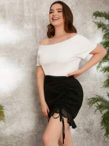 SHEIN Plus Off Shoulder Rib-knit Top & Drawstring Ruched Ruffle Hem Chiffon Skirt Set - Black and White - View 1
