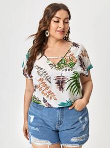 SHEIN VCAY Plus V-Neck Tropical Top - Multicolor - View 1