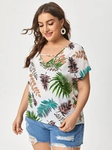 SHEIN VCAY Plus V-Neck Tropical Top - Multicolor - View 3