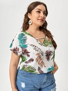 SHEIN VCAY Plus V-Neck Tropical Top - Multicolor - View 5