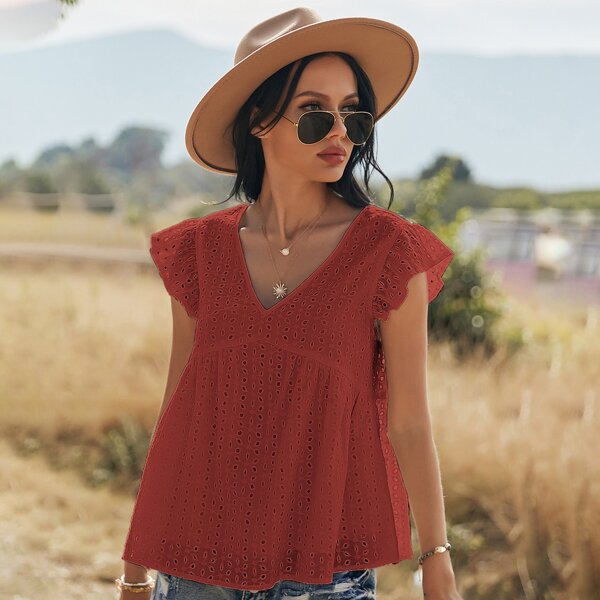 

Eyelet Embroidery Ruffle Babydoll Blouse, Burgundy