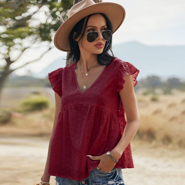 

Eyelet Embroidery Ruffle Babydoll Blouse, Burgundy