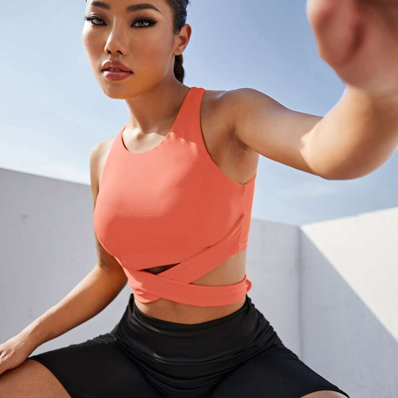 

Cut-out Wrap Cross Tie Back Sports Bra, Coral pink