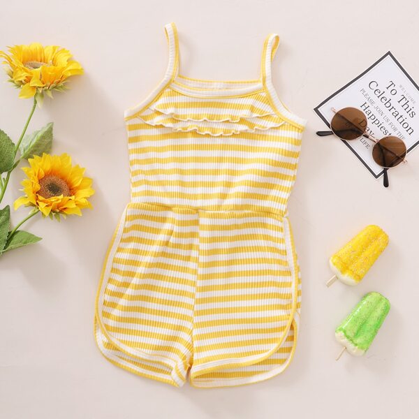 

Toddler Girls Striped Lettuce Trim Cami Romper, Yellow