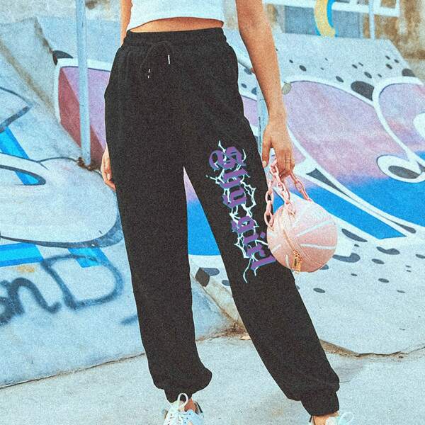 

Letter Graphic Drawstring Sweatpants, Black