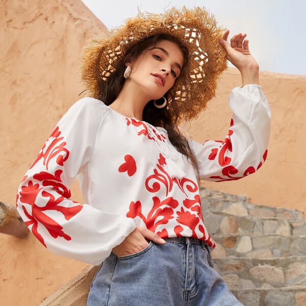 

Tie Neck Floral Print Blouse, Red and white