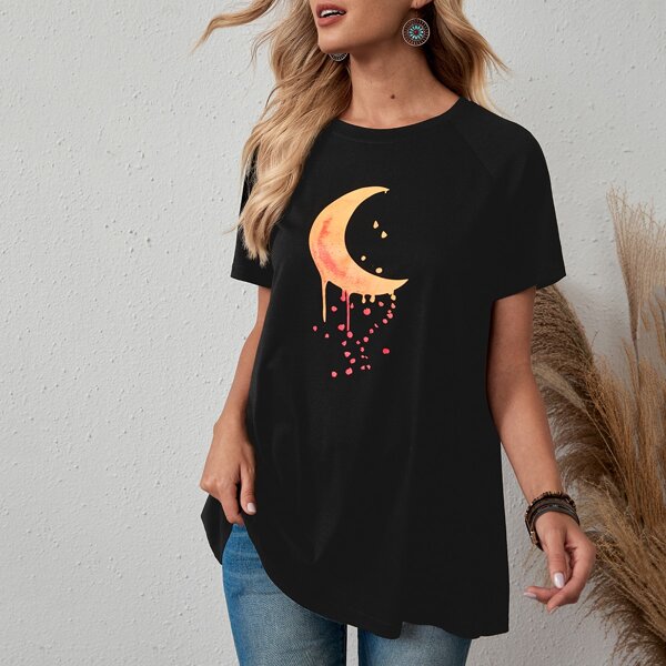 

Moon Print Curved Hem Longline Tee, Black